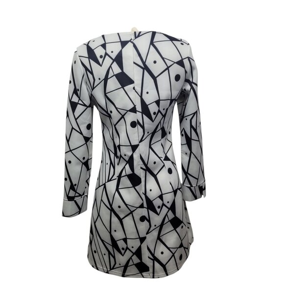 Women’s Black & White Geometric Print Dress Long Sleeve, Size M, Mod Retro Style - Picture 5 of 8